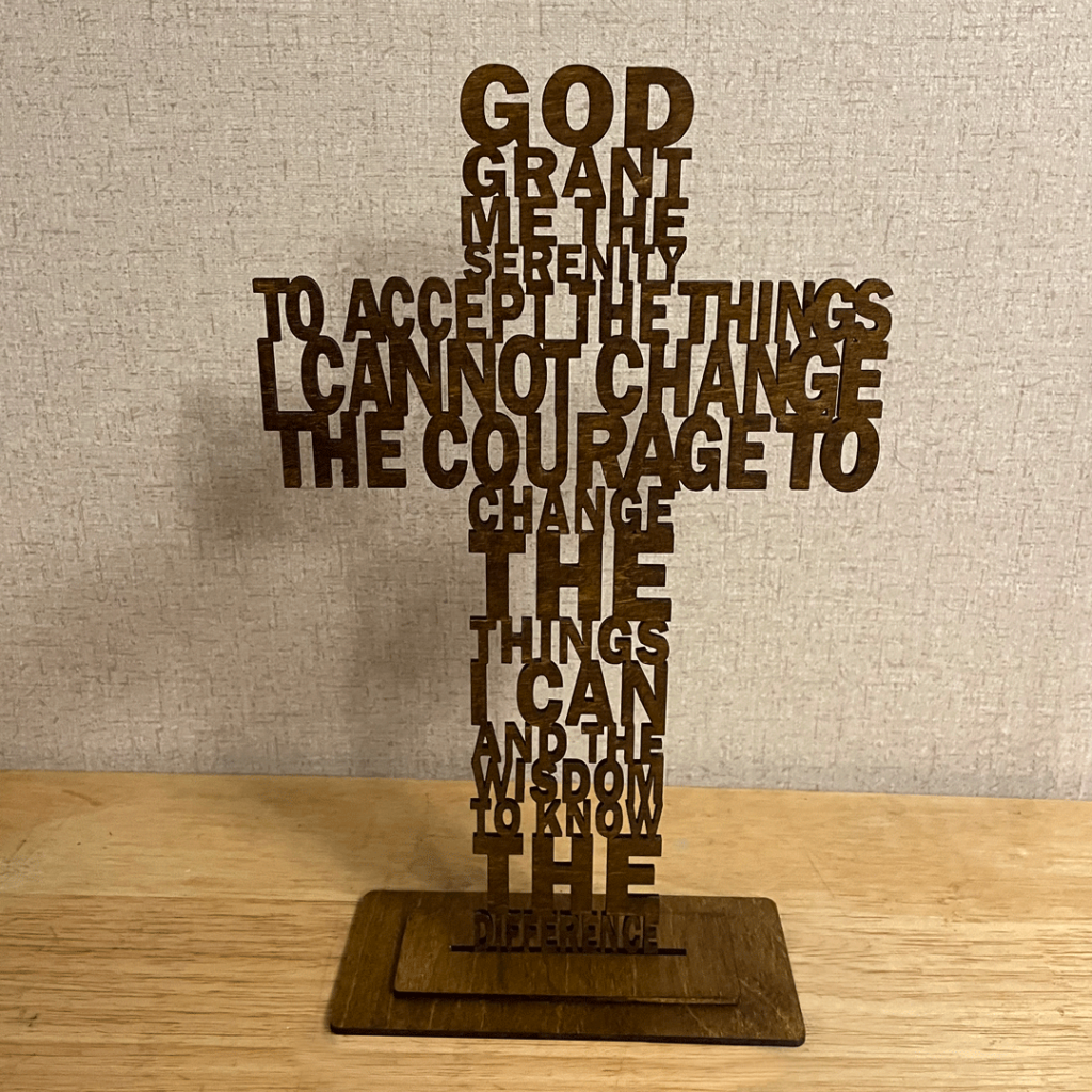 This is the Serenity Prayer Design. The Design spells out the Serenity Prayer and is lasered out of a 1.8" piece of Baltic Birch.
