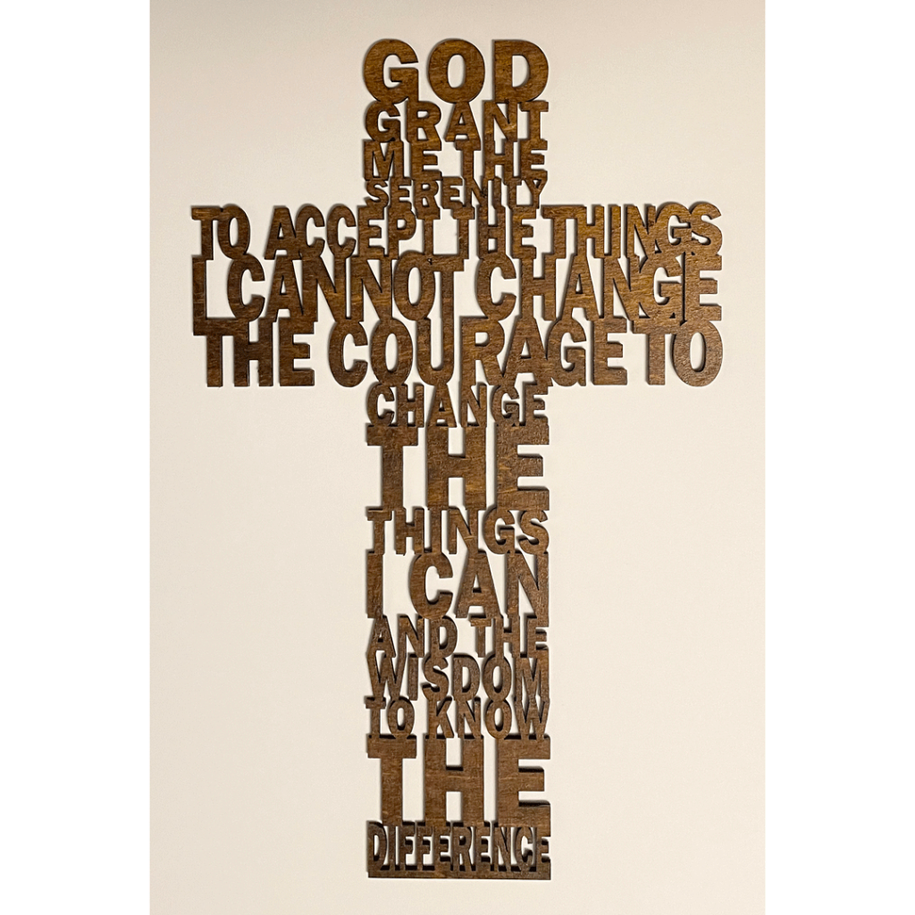 This one of a kind design is the Serenity Prayer spelled out. It is lasered out of a 1.8" piece of Baltic Birch.