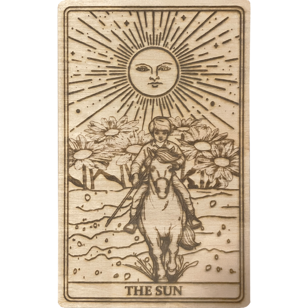 The SUN - a one of a kind design - we see the child, joyfully riding his horse, the sunflowers etch the background, and the sun is smiling above.