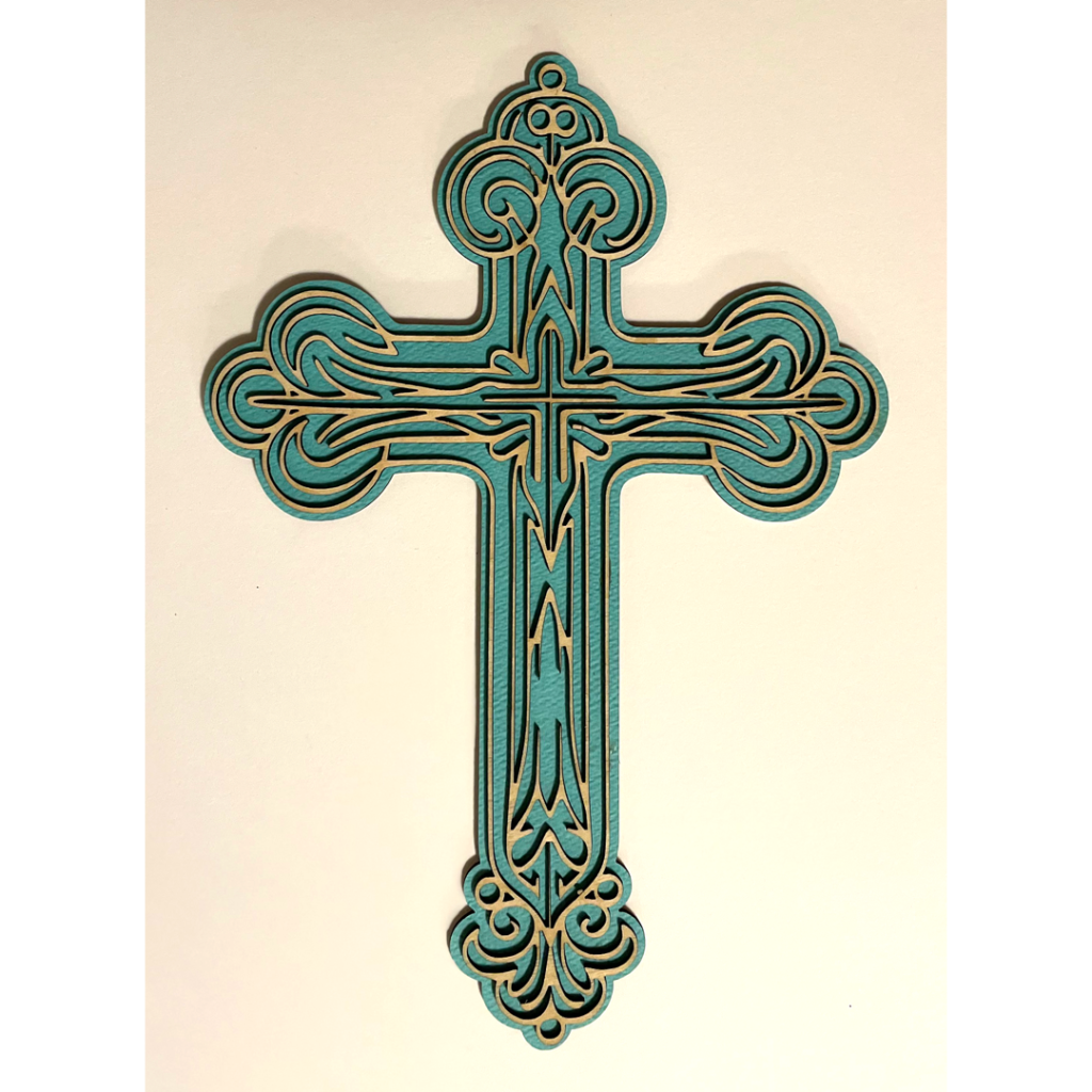 Beautiful, one of a kind, turquoise pressed paper backing, delicate Design created on Baltic Birch using AI technology