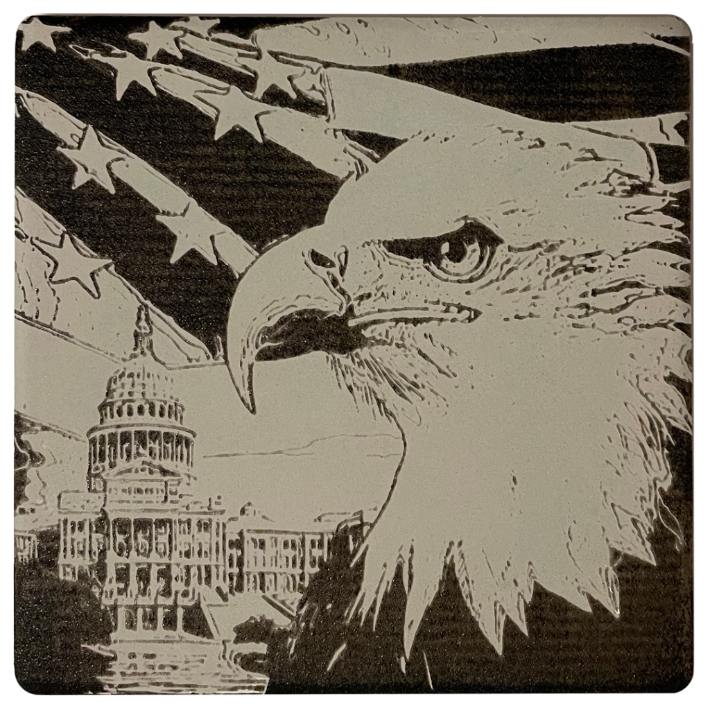 Here you see a magnificent Bald Eagle, US Flag and Texas Capitol as the backdrop